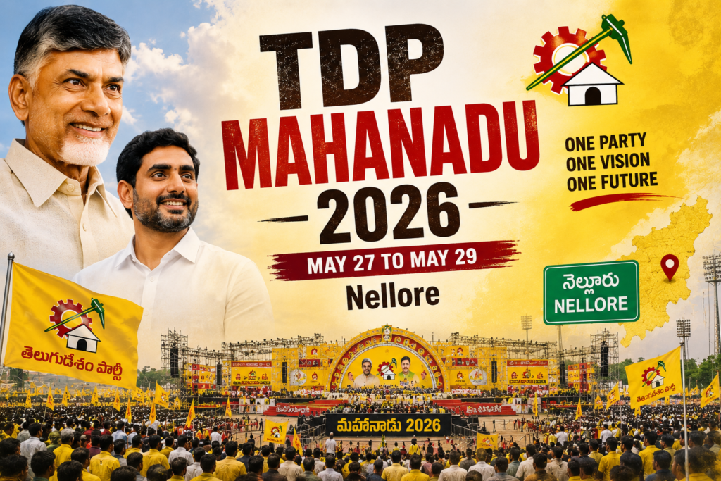 TDP Mahanadu 2026 political event preparations in Nellore featuring Chandrababu Naidu and Nara Lokesh